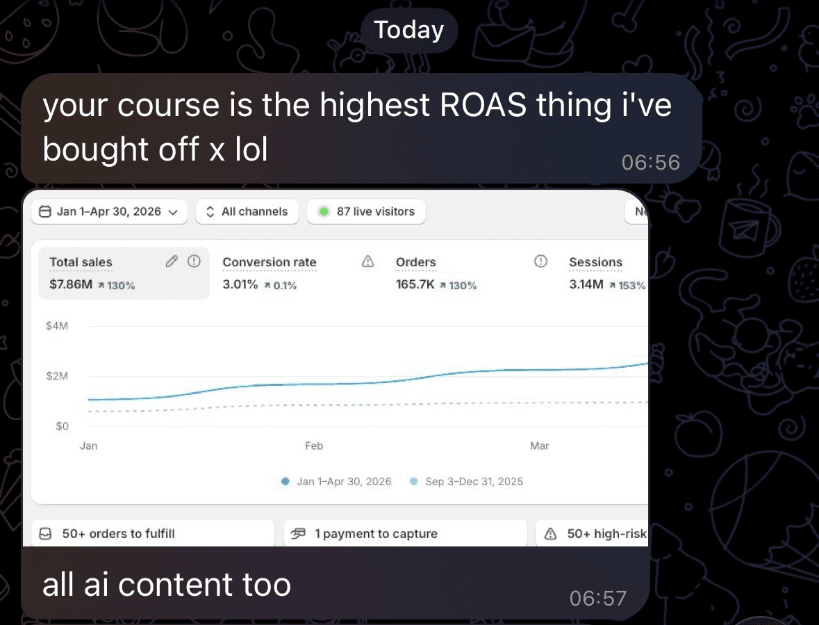 Client message calling the course their highest return on ad spend purchase alongside a sales dashboard