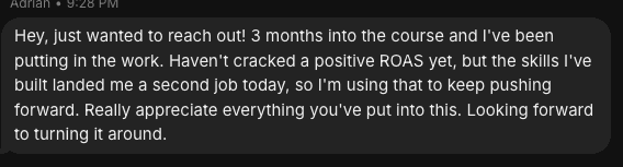 Client message sharing that the course skills helped them land a second job