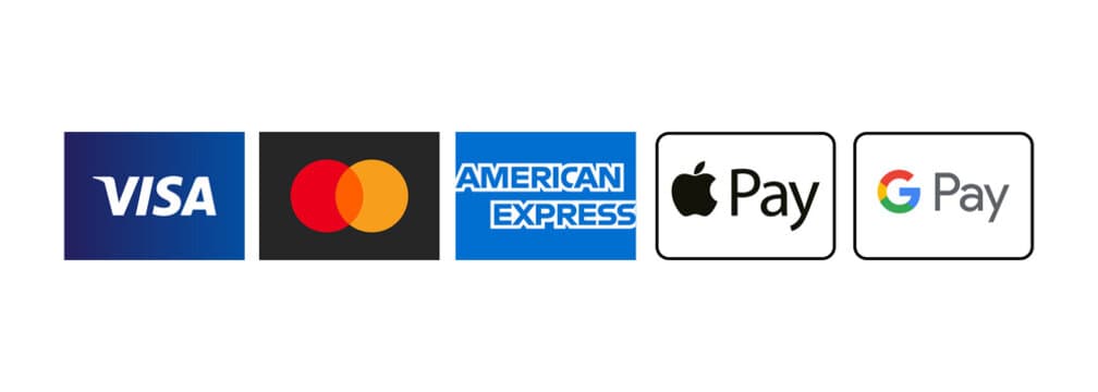 Visa, Mastercard, American Express, Apple Pay, and Google Pay