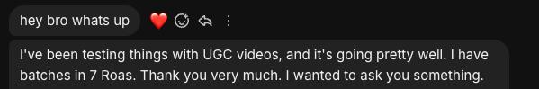Proof screenshot: Testing UGC videos and getting batches into ROAS.